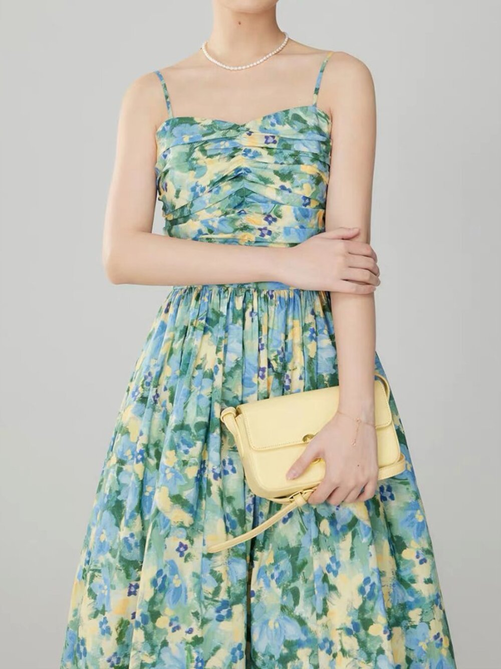 Watercolor Floral Ruched Bodice Midi Dress